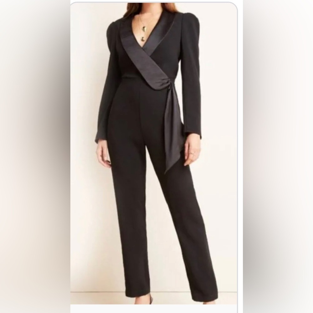 Anthropologie Black Wrap Satin-Trim Jumpsuit